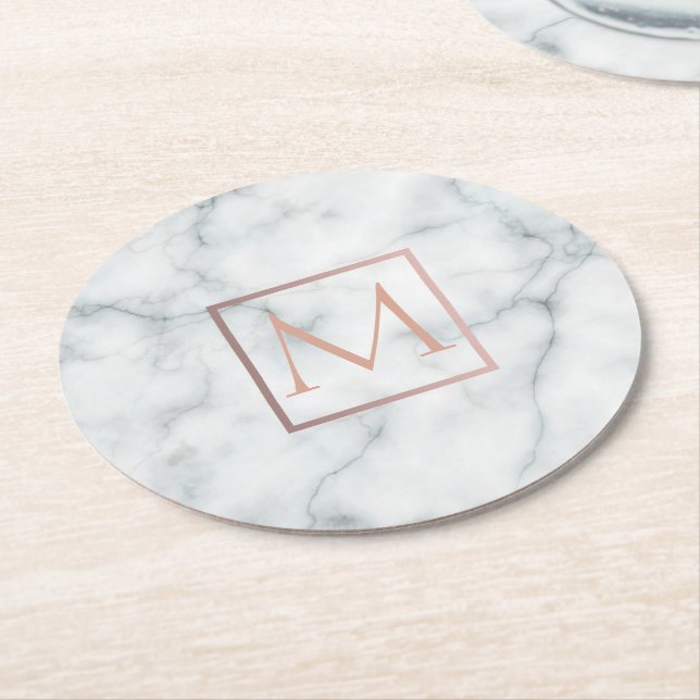 elegant rose gold monogram on white marble stone round paper coaster (Angled)