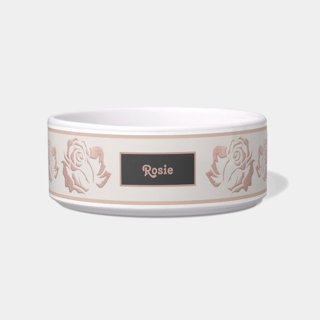 Elegant Rose Gold Monogram Pet Bowl with Roses (Front)