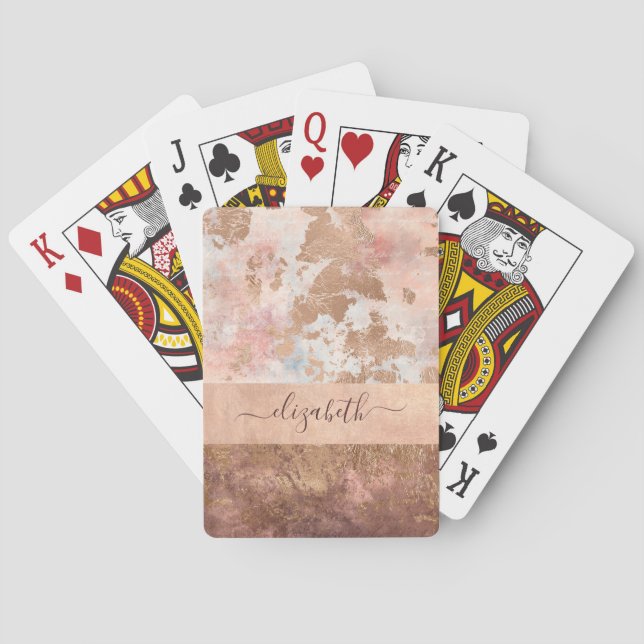 Elegant Rose Gold Monogram Pink Marble  Poker Cards (Back)