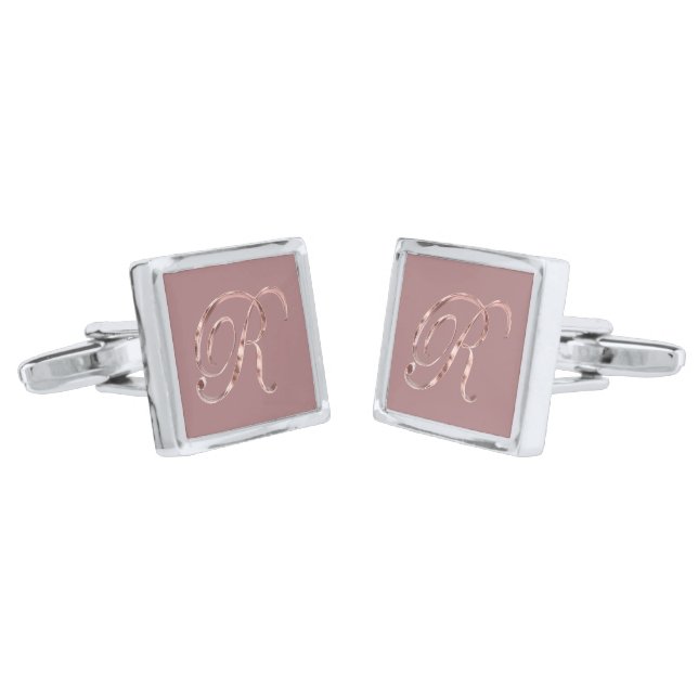 Elegant Rose Gold Monogram R Modern Cufflinks (Angled)
