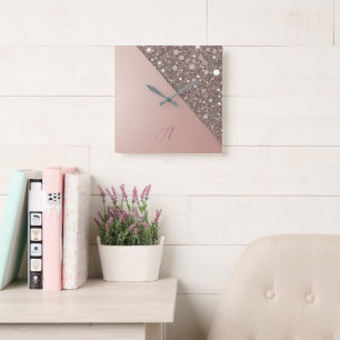 Elegant Rose Gold Monogram Square Wall Clock