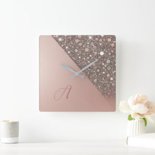 Elegant Rose Gold Monogram Square Wall Clock