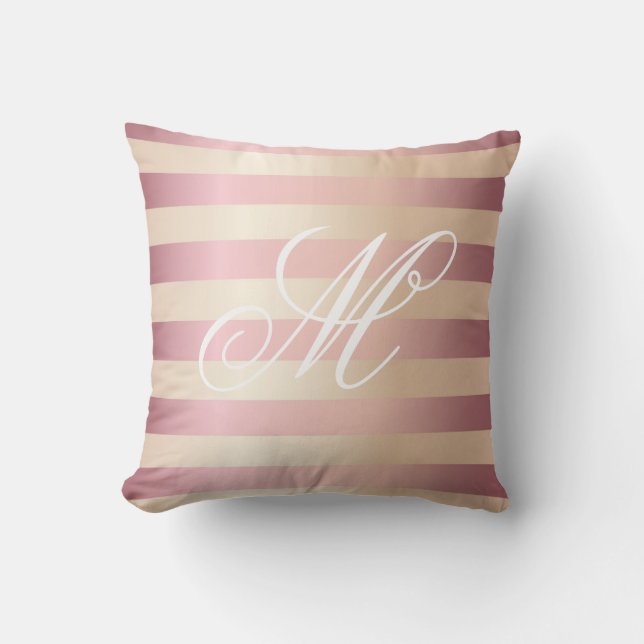 Elegant Rose Gold Monogram Stripes Throw Pillow (Front)