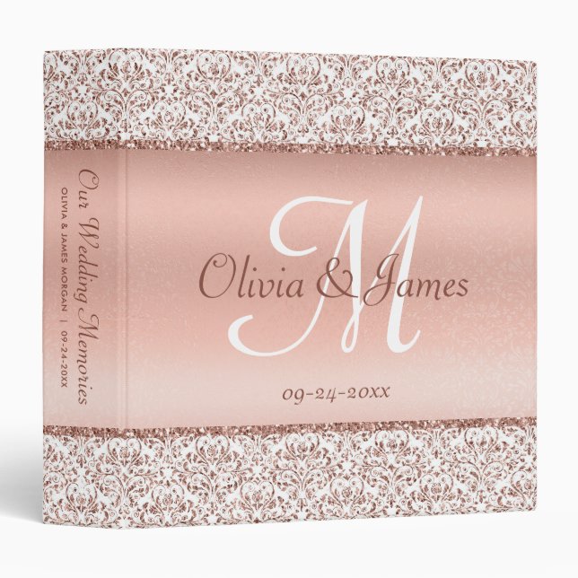 Elegant Rose Gold Monogram Wedding  3 Ring Binder (Front/Spine)