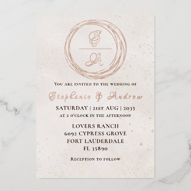 Elegant Rose Gold Monogram Wedding  Foil Invitatio Foil Invitation (Front)