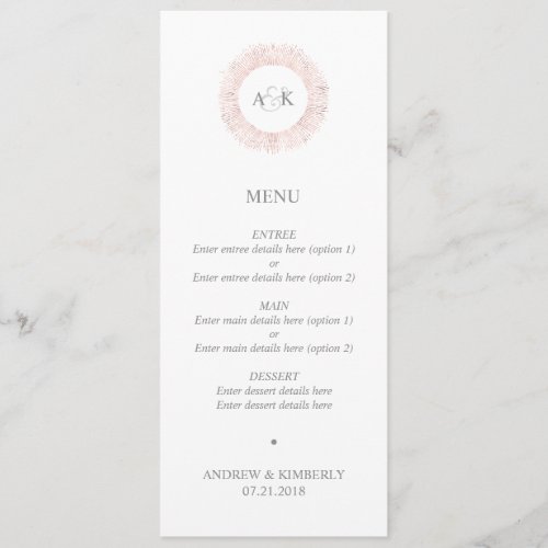 Elegant rose gold monogram wedding menu