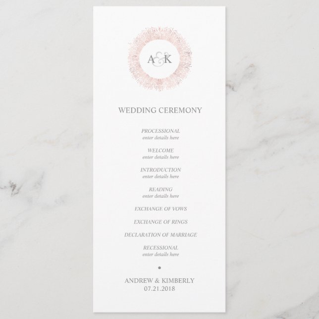 Elegant rose gold monogram wedding program (Front)