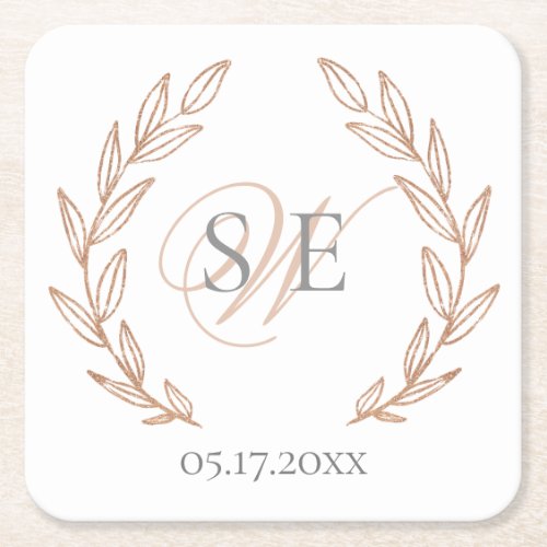 Elegant Rose Gold Monogram  Wedding  Square Paper Coaster