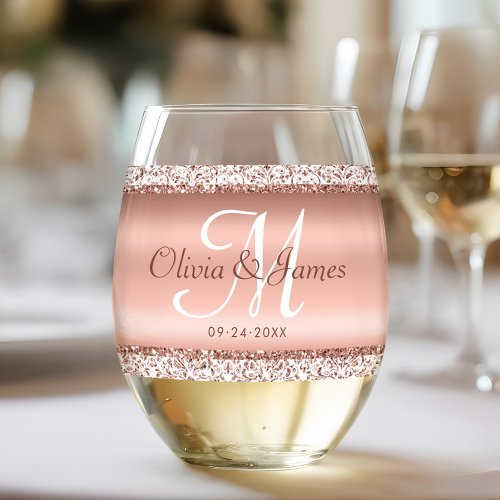 Elegant Rose Gold Monogram Wedding Stemless Wine Glass