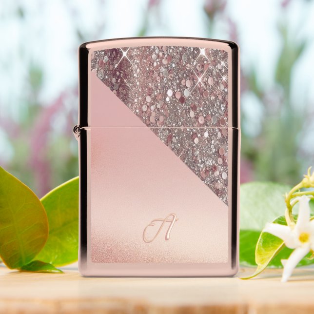 Elegant Rose Gold Monogram Zippo Lighter (On Table)