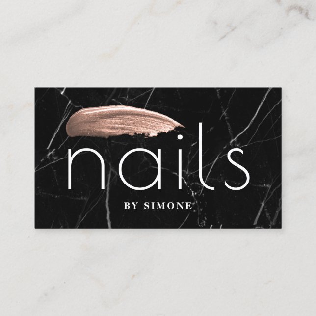 Elegant rose gold nail polish stroke black marble business card (Front)