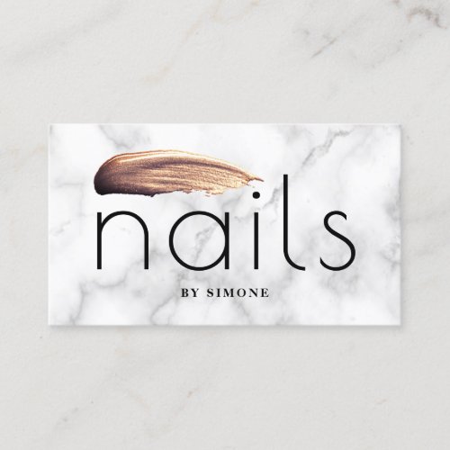 Elegant rose gold nail polish stroke white marble business card