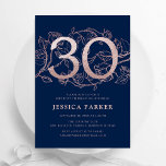 Elegant Rose Gold Navy 30th Birthday Invitation<br><div class="desc">Elegant rose gold navy blue 30th birthday party invitation. Customizable modern feminine design featuring roses botanical accents and faux glitter rose gold. Simple floral invite card perfect for a stylish female bday celebration. Personalize with your own details. Printed Zazzle invitations or instant download digital printable template.</div>