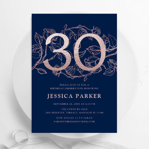 Elegant Rose Gold Navy 30th Birthday Invitation