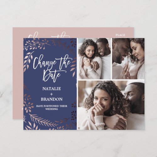Elegant Rose Gold  Navy 3 Photo Change the Date Announcement Postcard
