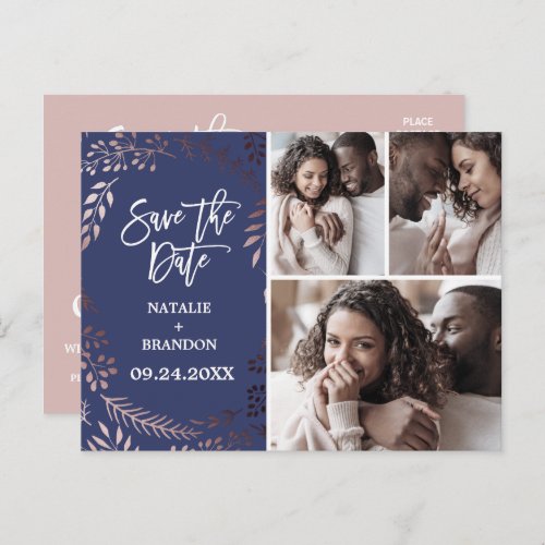 Elegant Rose Gold  Navy 3 Photo Save the Date Announcement Postcard