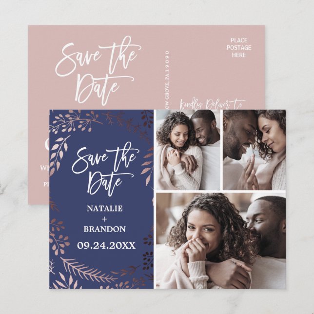 Elegant Rose Gold | Navy 3 Photo Save the Date Announcement Postcard (Front/Back)
