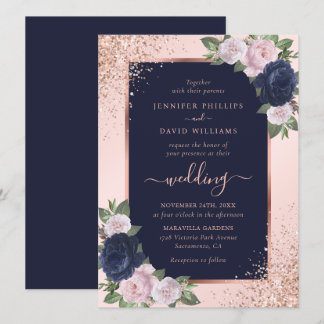 Elegant Rose Gold Navy Blue Blush Floral Wedding Invitation