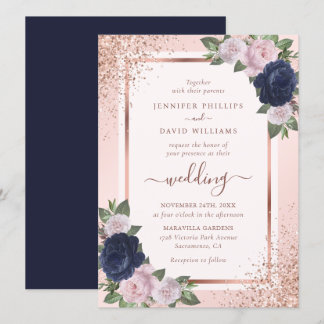 Elegant Rose Gold Navy Blue Blush Floral Wedding Invitation