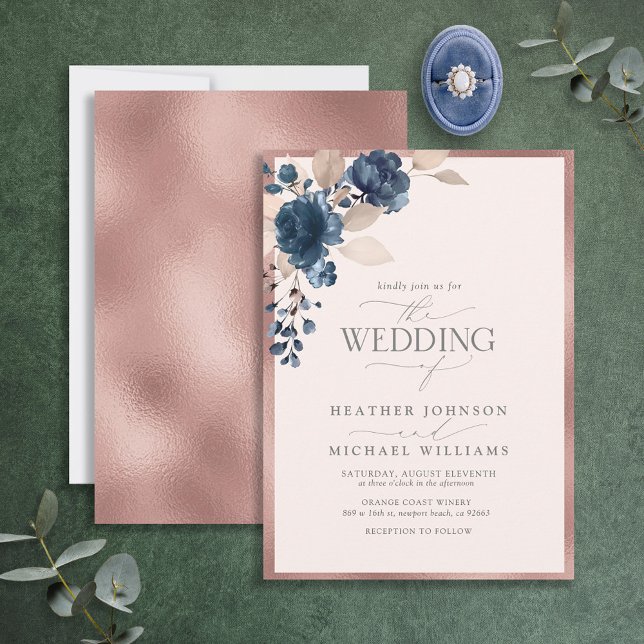 Elegant Rose Gold Navy Blue Blush Pink Floral Invitation (Creator Uploaded)