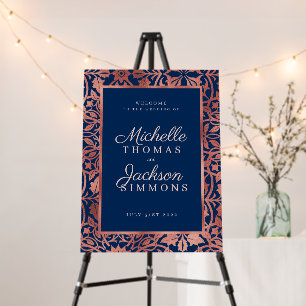 Elegant Rose Gold Navy Blue Floral Border Wedding Foam Board