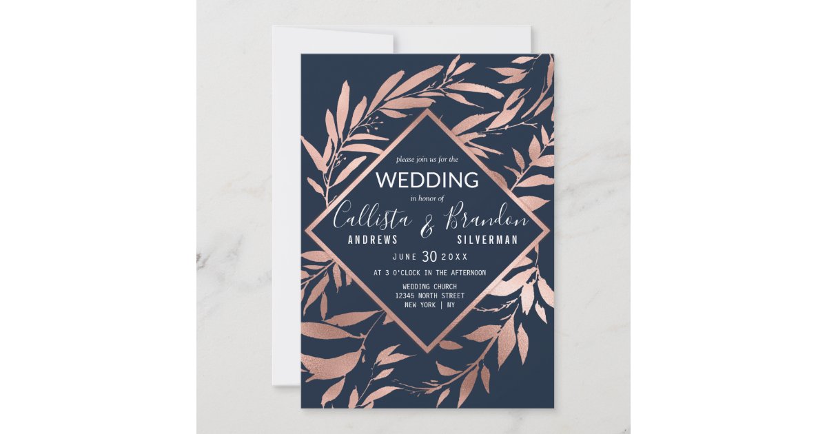 Elegant Rose Gold Navy Blue Floral Leaves Wedding Invitation | Zazzle