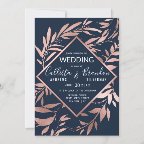 Elegant Rose Gold Navy Blue Floral Leaves Wedding Invitation
