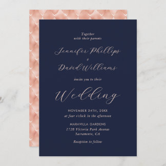 Elegant Rose Gold Navy Blue Modern Script Wedding Invitation