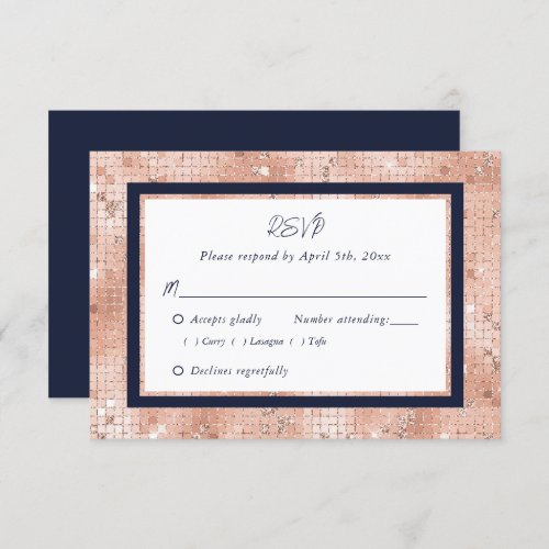 Elegant Rose Gold Navy Blue Script Wedding RSVP Card