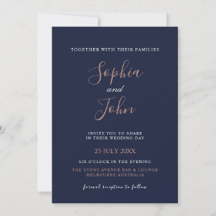 Elegant Rose Gold Navy Blue Wedding Invitation