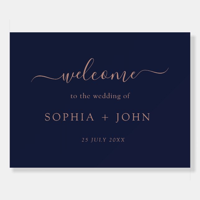 Elegant Rose Gold Navy Blue Wedding Welcome Foam Board (Front)