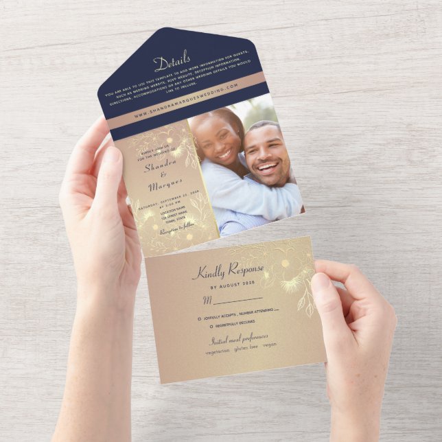 Elegant Rose Gold Navy Floral All-in-One Invite (Tearaway)