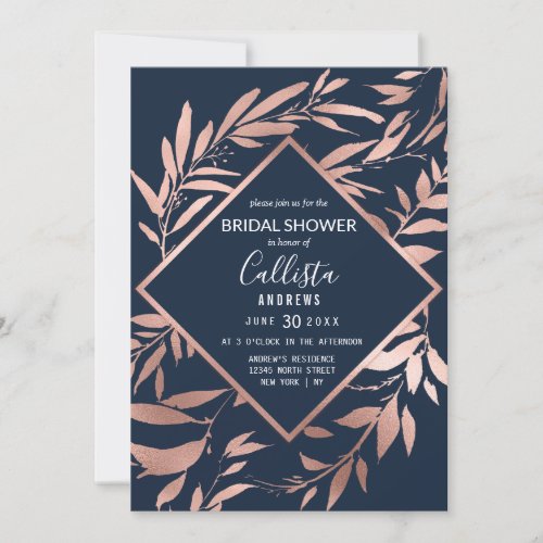 Elegant Rose Gold Navy Floral Leaves Bridal Shower Invitation