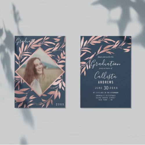 Elegant Rose Gold Navy Leaves Photo Graduation Invitation