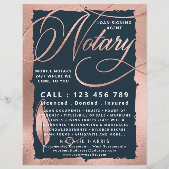 Elegant Rose Gold & Navy Notary Loan Agent  Flyer (Front)