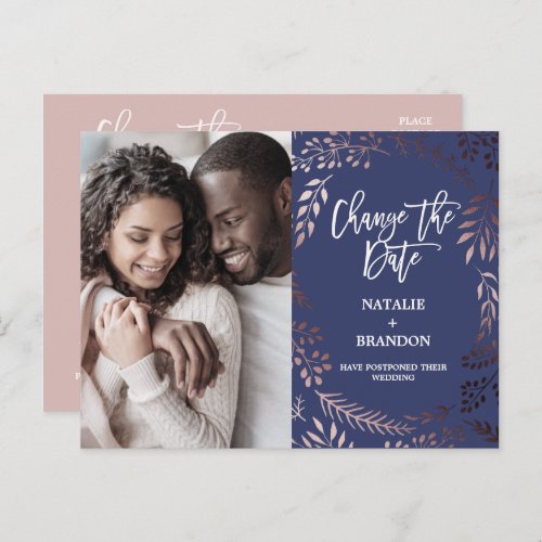 Elegant Rose Gold  Navy Photo Change the Date Announcement Postcard