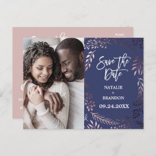 Elegant Rose Gold Navy Photo Save the Date Announcement Postcard