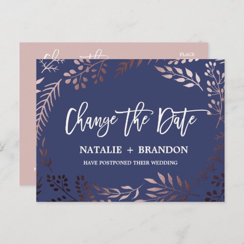 Elegant Rose Gold  Navy Wedding Change the Date Announcement Postcard