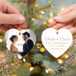 Elegant Rose Gold Newlyweds Wedding Photo Ornament<br><div class="desc">Elegant heart shaped holiday keepsake ornament for a newlywed couple features a wedding portrait on the front with custom script monogram and "First Christmas as Mr. & Mrs." wording on the back. The white,  rose gold,  and gold colors on the back can be customized.</div>