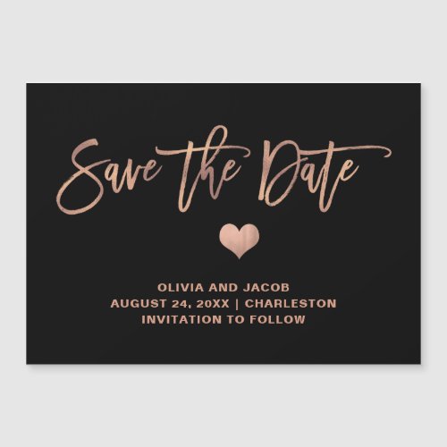 Elegant Rose Gold on Black and Heart Save The Date Magnetic Invitation