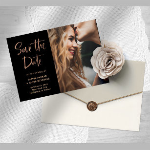 Elegant Rose Gold on Black   Photo Save the Date Announcement Postcard
