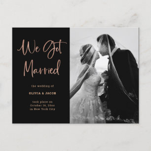 Elegant Rose Gold on Black Photo Wedding Announcement Postcard