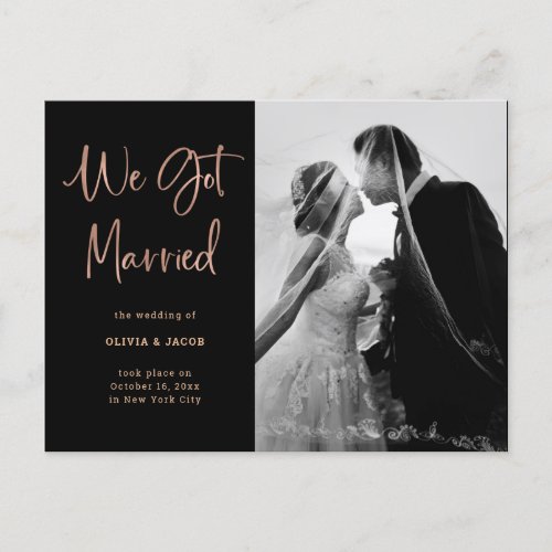 Elegant Rose Gold on Black  Photo Wedding Announcement Postcard