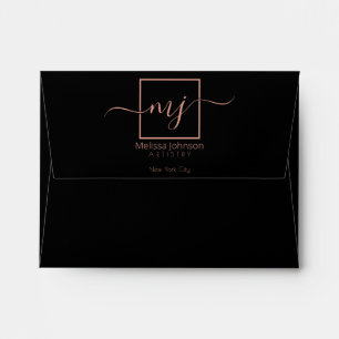 Elegant Rose Gold on Black Square Business Envelope