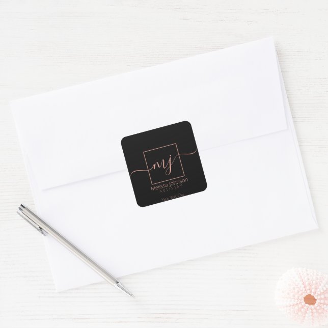 Elegant Rose Gold on Black Square Sticker (Envelope)