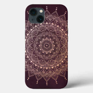 Elegant Rose Gold on Burgundy Floral Henna Mandala iPhone 13 Case