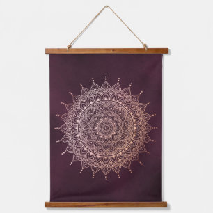 Elegant Rose Gold on Burgundy Floral Henna Mandala Hanging Tapestry