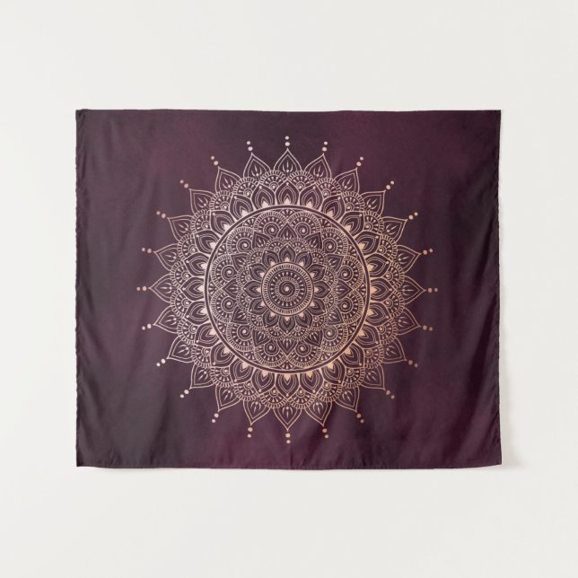 Elegant Rose Gold on Burgundy Floral Henna Mandala Tapestry (Front (Horizontal))
