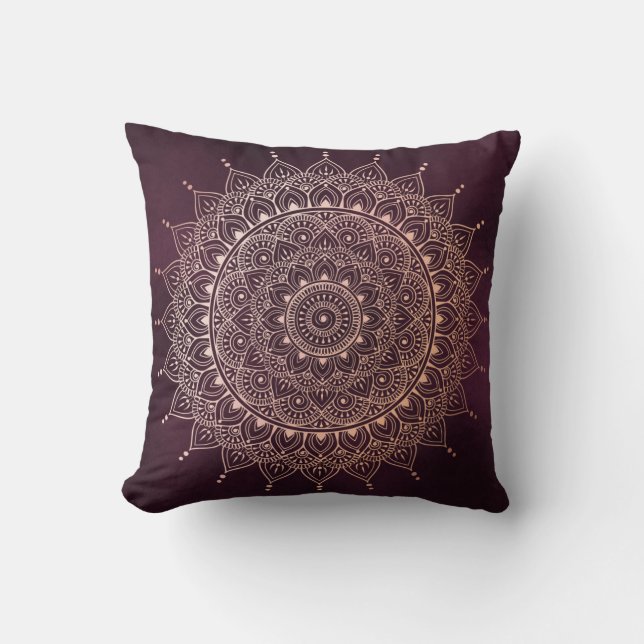 Elegant Rose Gold on Burgundy Floral Henna Mandala Throw Pillow (Front)