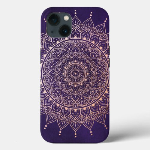 Elegant Rose Gold on Purple Floral Henna Mandala iPhone 13 Case